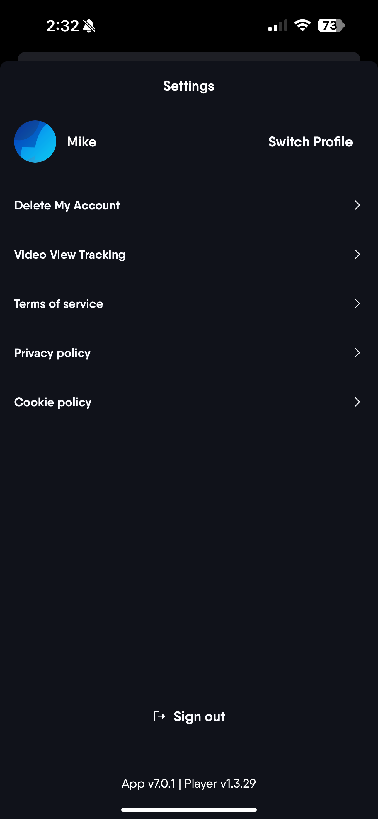 Pantalla de CONFIGURACIÓN de la aplicación Fubo en iOS