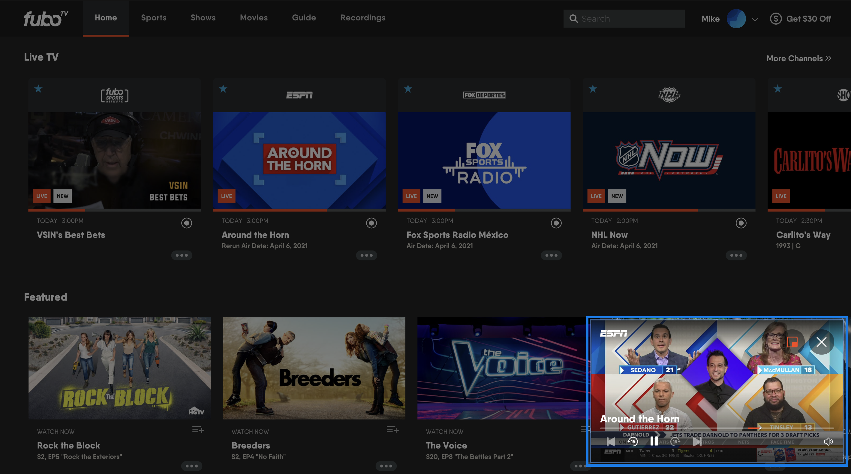 Al hacer clic en el botón de imagen en imagen en el minirreproductor de FuboTV, volverás a la vista de pantalla completa