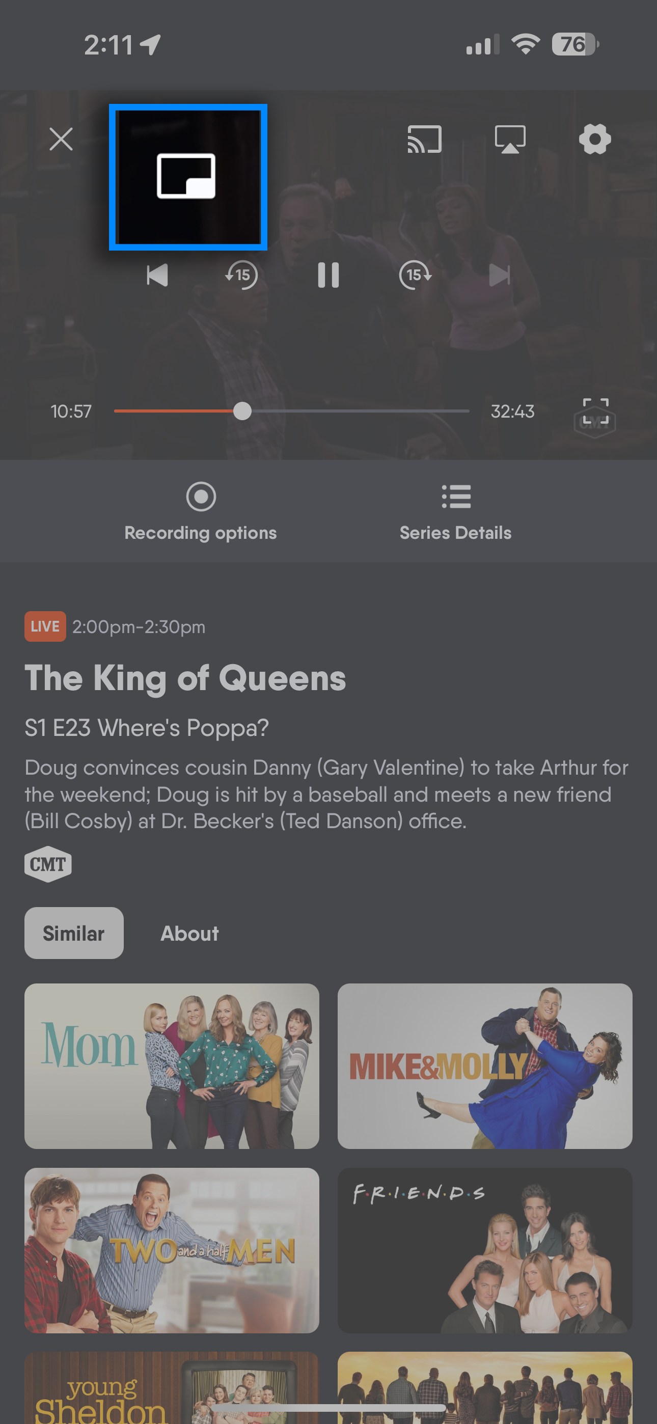 Toca el icono de minirreproductor mientras ves un programa en la aplicación de FuboTV para iOS para lanzar el minirreproductor