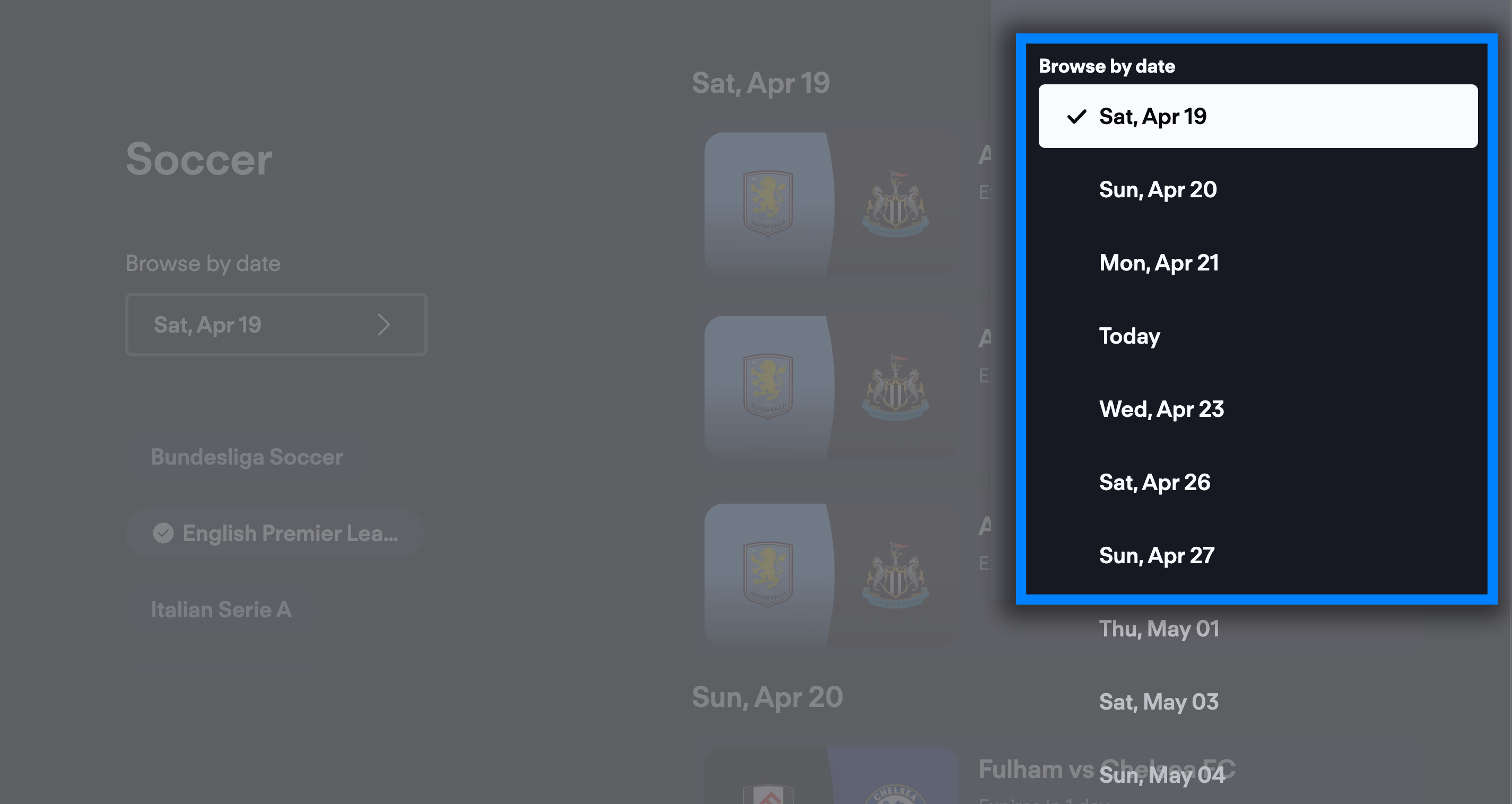 Pantalla Deportes de la app FuboTV en un Apple TV con la selección de fecha resaltada a la derecha