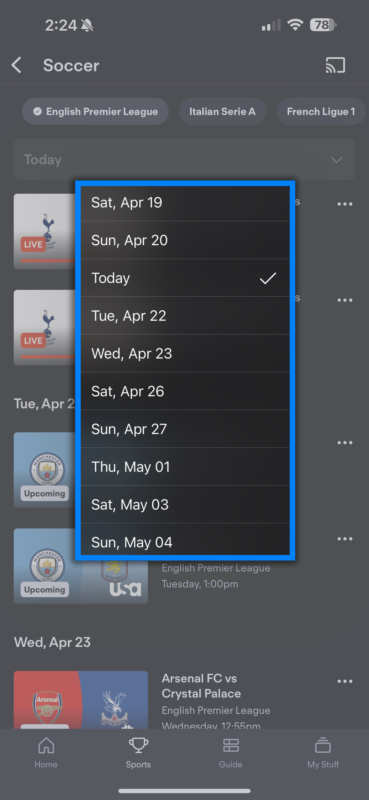 Ventana emergente de selección de fecha para eventos anteriores en la app FuboTV para móviles; las fechas en gris indican que no hay partidos disponibles ese día