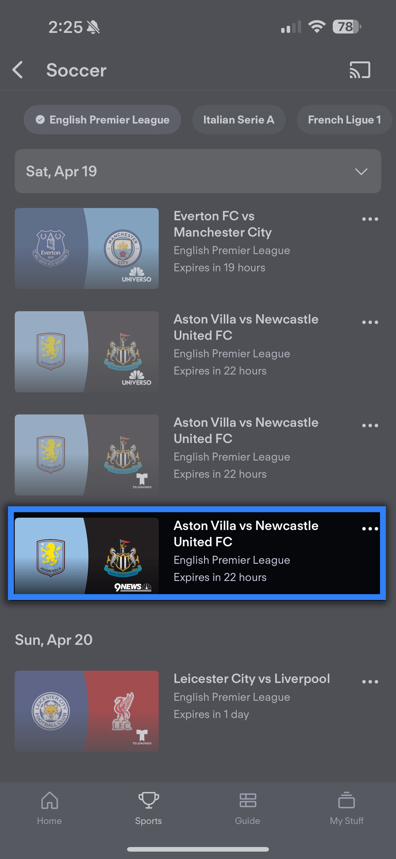 Evento de la UEFA Nations League previamente transmitido seleccionado desde la pantalla Deportes de la app FuboTV en un dispositivo móvil