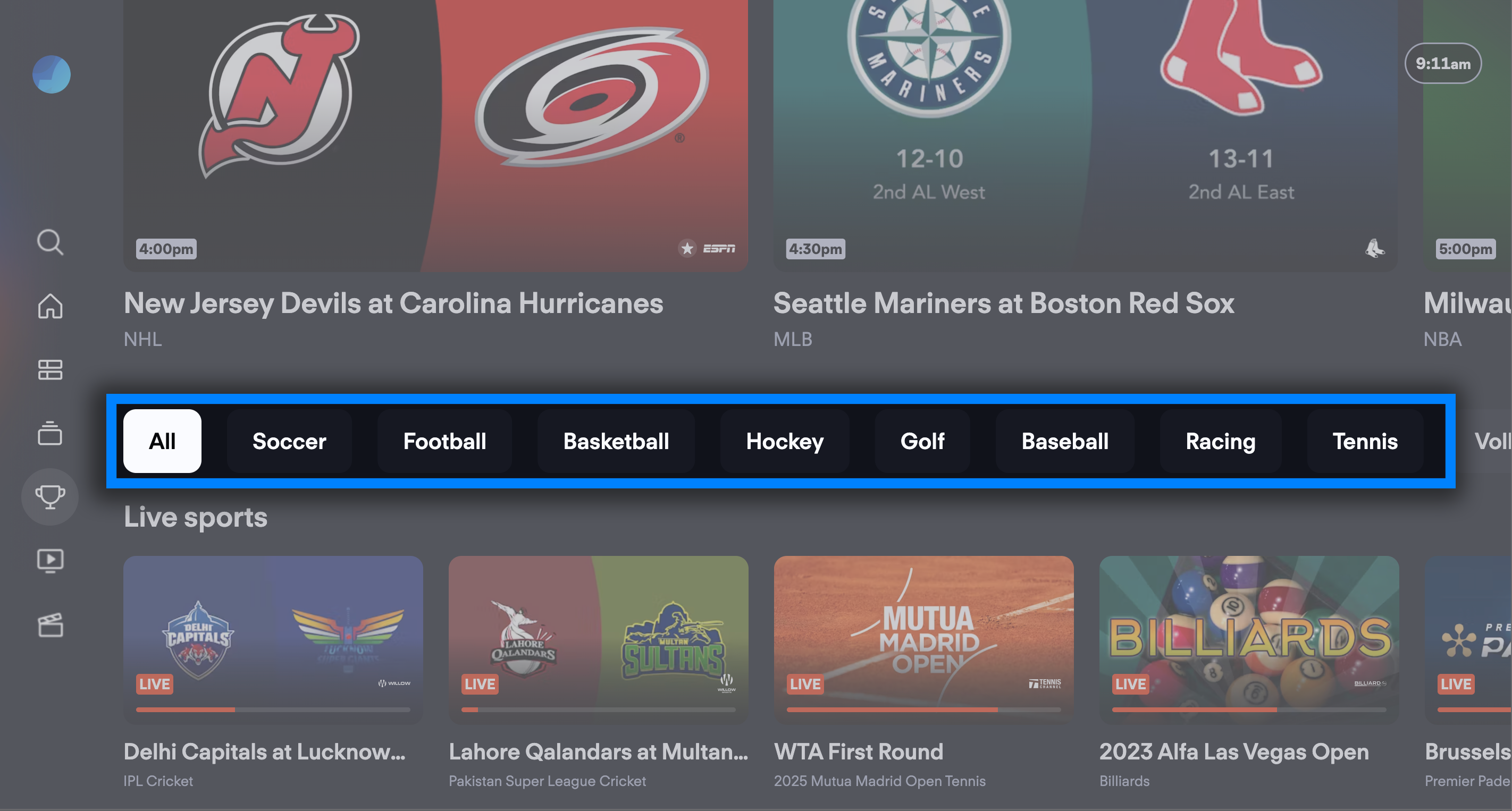 Pantalla Deportes de la app FuboTV en un Apple TV con el filtro FÚTBOL resaltado