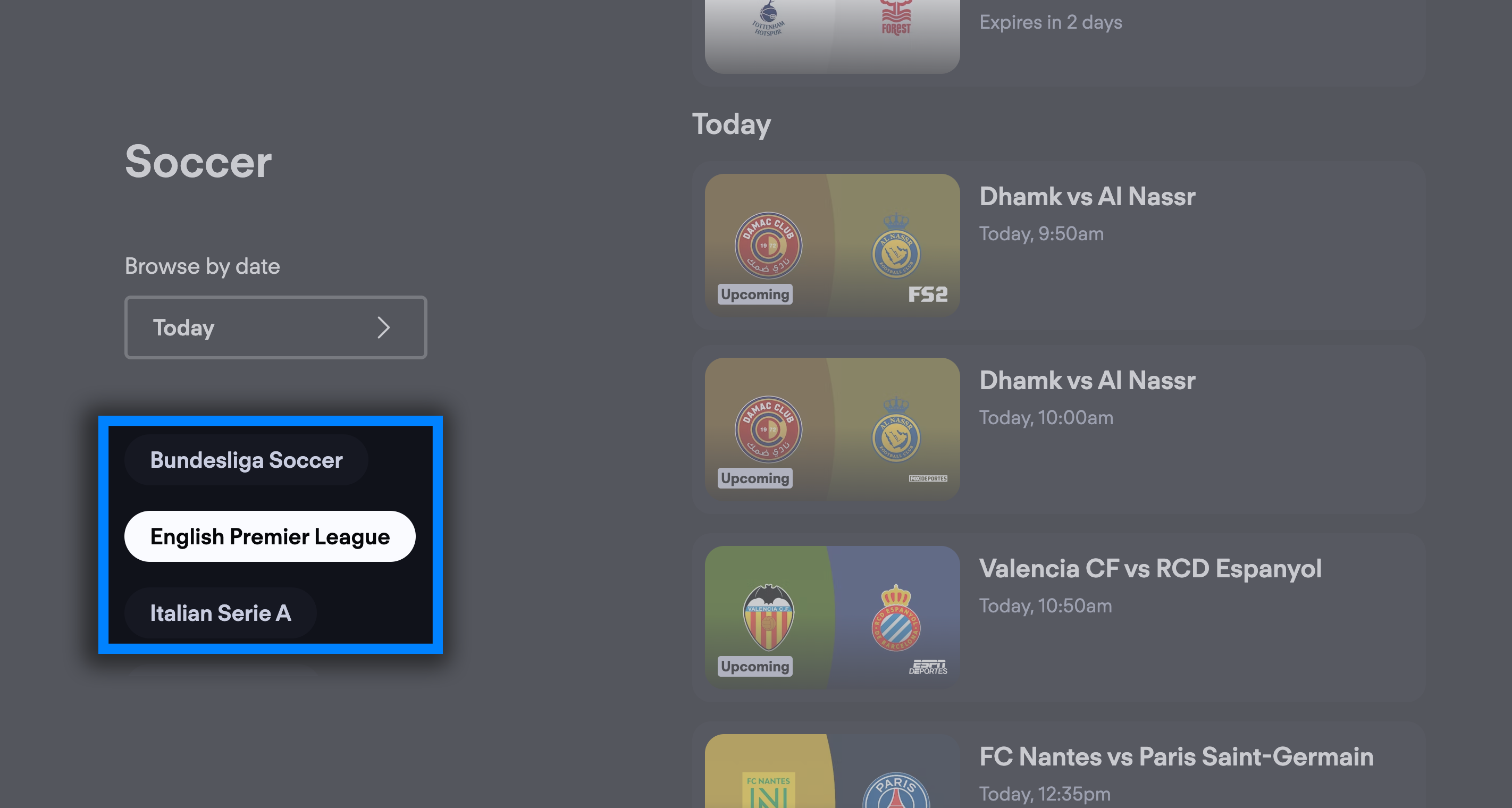 Pantalla Deportes de la app FuboTV en un Apple TV con filtros de liga resaltados y el cursor sobre la UEFA Champions League