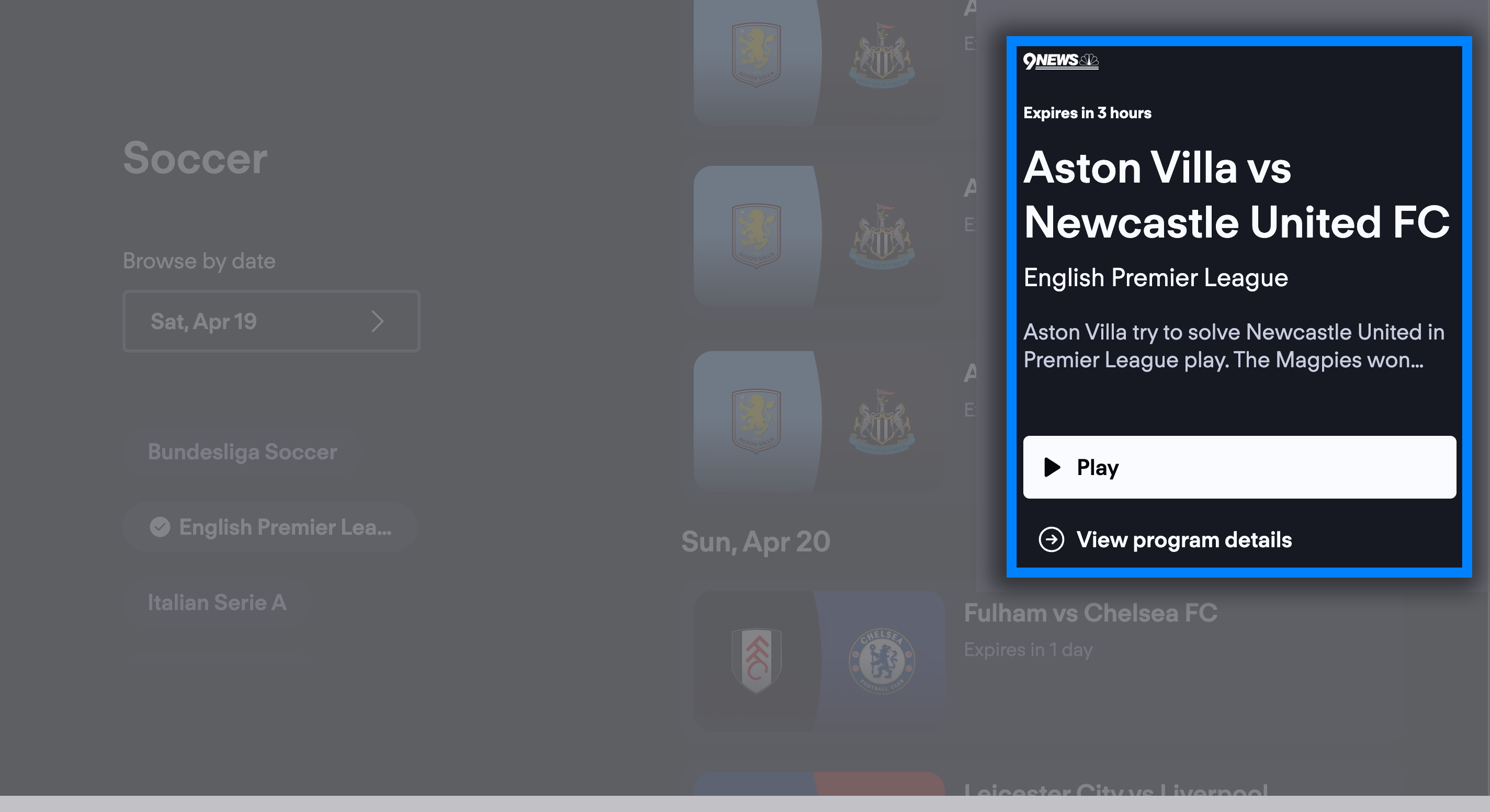 Pantalla de información del programa para un partido de fútbol transmitido previamente en la app FuboTV para Apple TV con el botón REPRODUCIR AHORA