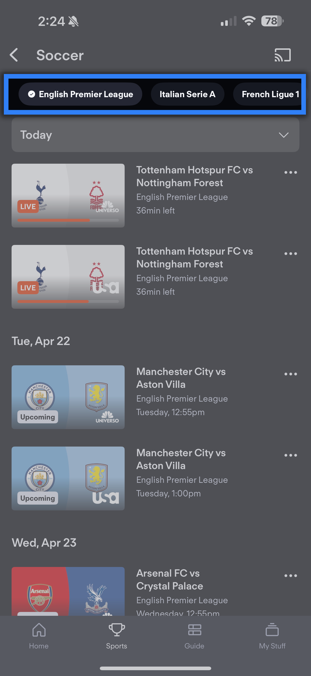 Pantalla Deportes de la app FuboTV en un dispositivo móvil con el filtro de deportes de fútbol seleccionado y el filtro de liga UEFA Nations League resaltado