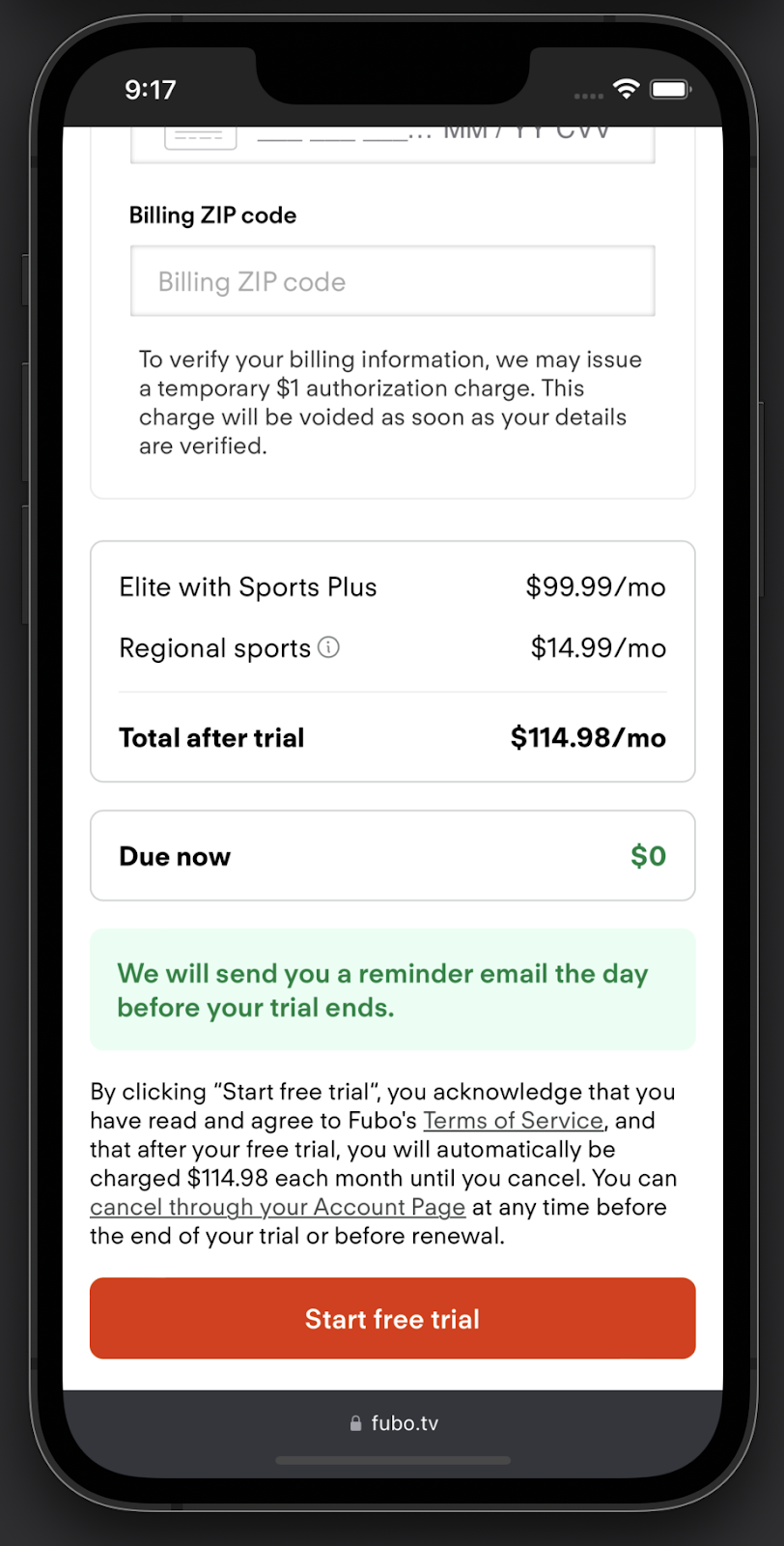 signup page for Fubo shown on a mobile device; the pricing and plans shown are examples only