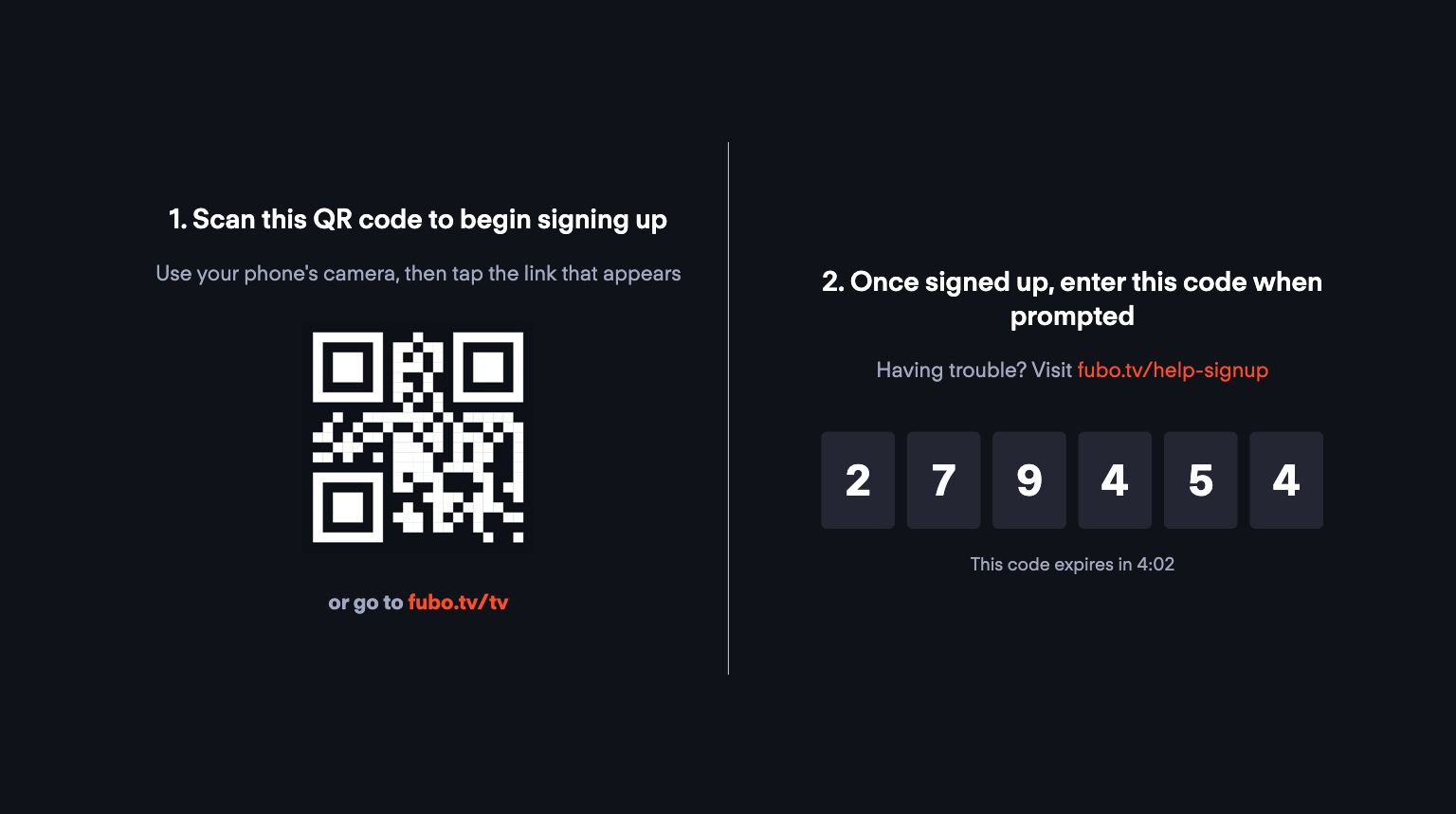 generic signup screen of the Fubo app on a connected device showing scannable QR code and 6-digit activation code - these codes are examples only