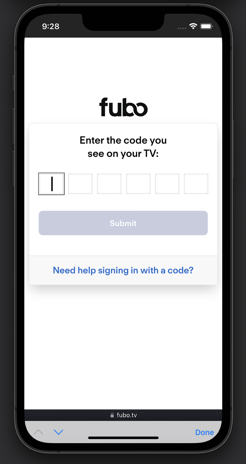 sign in code screen of the Fubo website shown on a mobile device - enter the six-digit code shown on your TV here to sign into the Fubo app