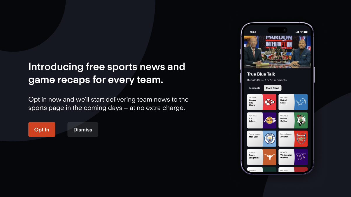 The opt-in screen for Team News; buttons are opt in or dismiss, the user can opt in to receive team news recordings