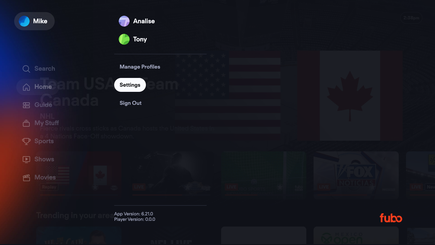 Seleccionar Configuración desde el menú de Fubo en un Smart TV