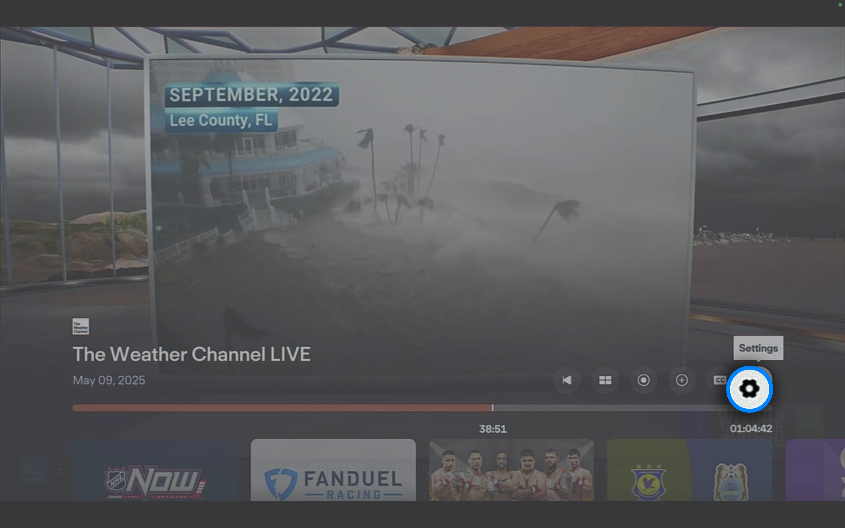 Settings option in the Player Controls of the Fubo app on a TV device