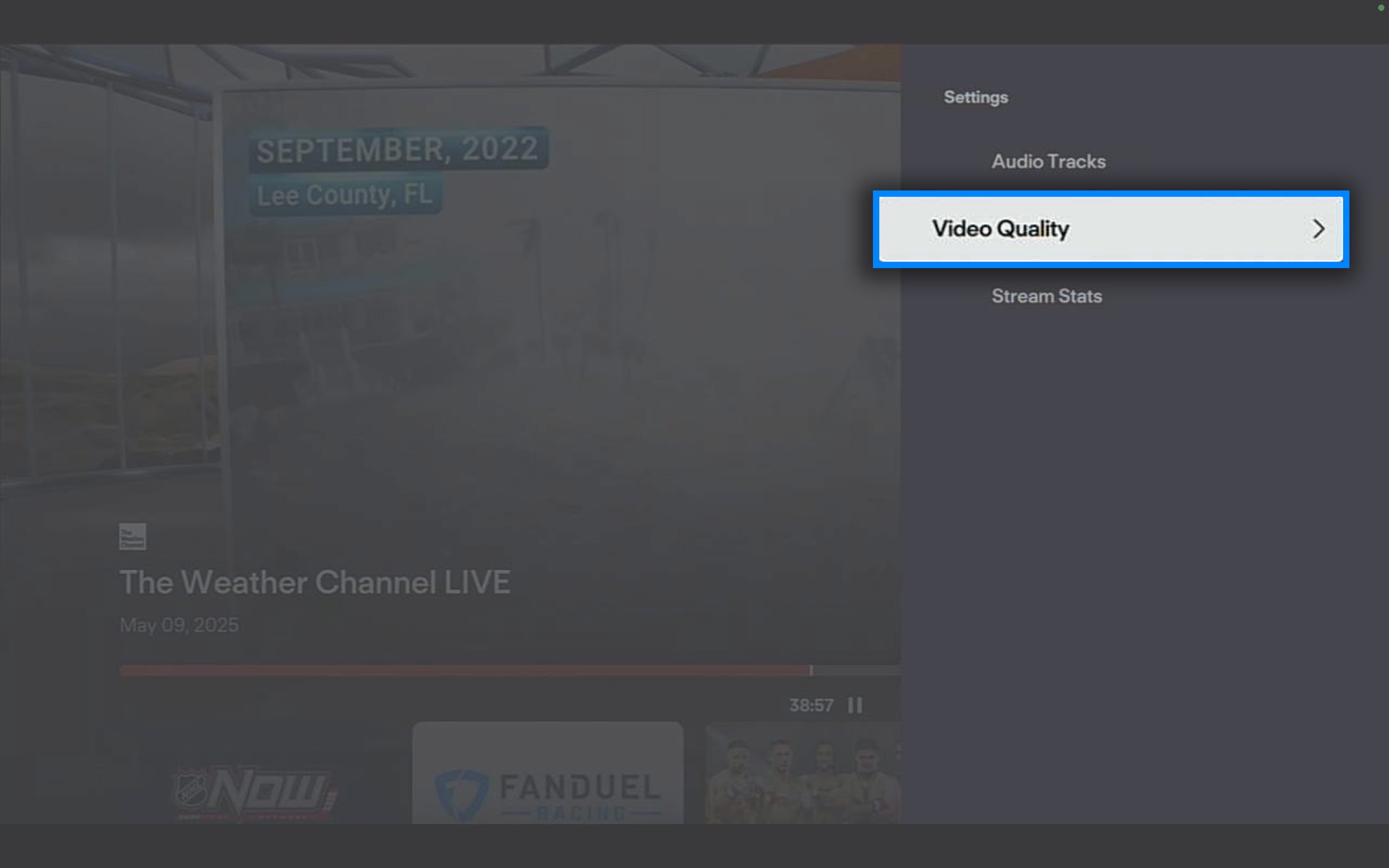 Video quality options of the Fubo app on a TV device