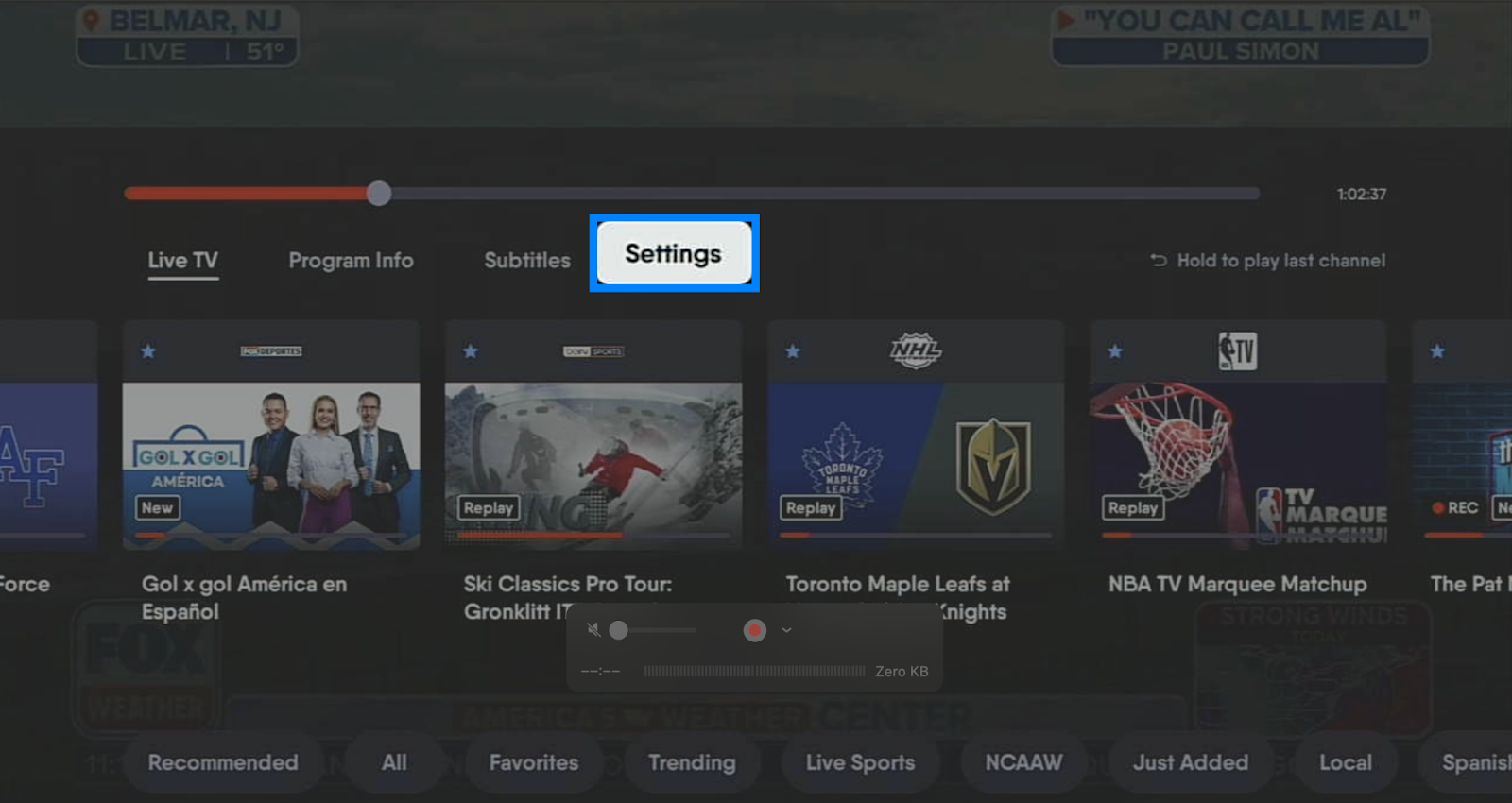 Settings option in the Player Controls of the Fubo app on a TV device