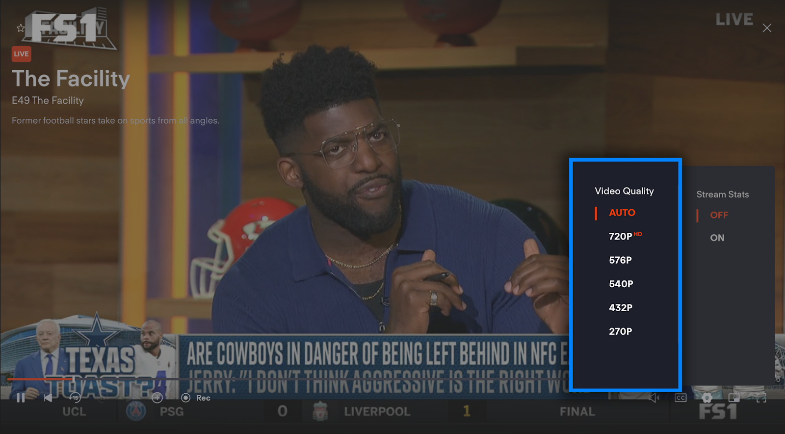Video Quality options accessible from the Settings menu while watching Fubo on a web browser