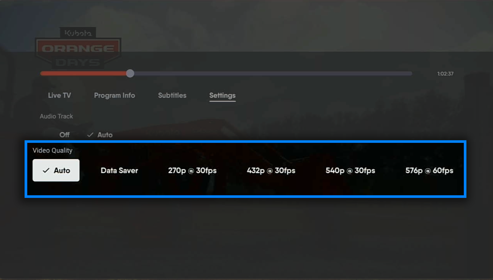 Video quality options of the Fubo app on a TV device