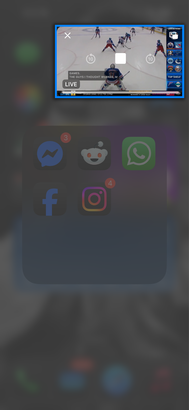the picture-in-picture player controls include play/pause in the center, close (x) in the upper-left, and expand (to return to the Fubo app) in the upper-right.