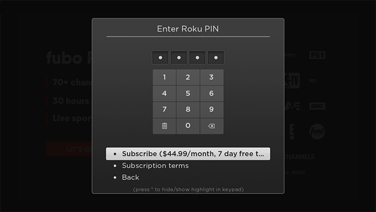 roku sign fubo using enter select ok