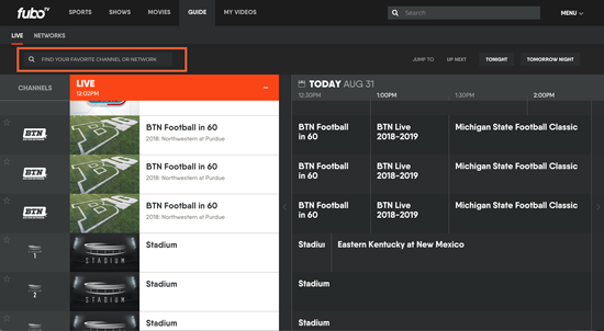 GUIDE screen of FuboTV on a browser with the SEARCH bar highlighted at upper left