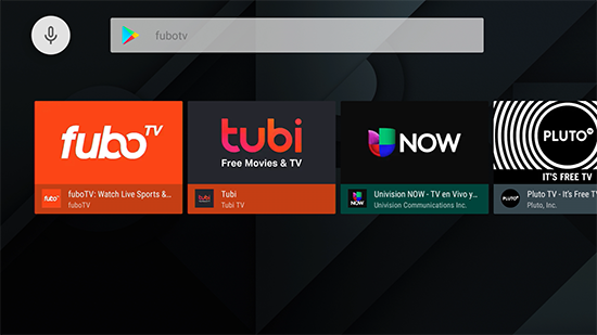 Search results from the Google Play Store on Android TV with the FuboTV app icon highlighted in the results