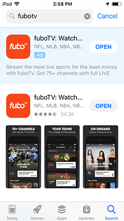 FuboTV app information screen in the iOS App Store with the app installed; the INSTALL button has changed to say OPEN