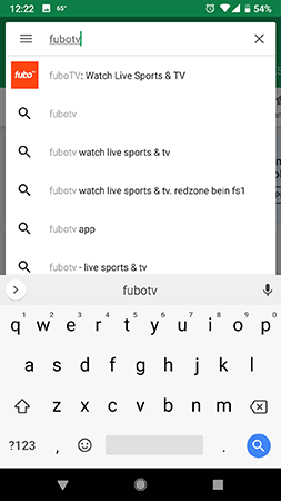 On screen search keyboard for the Google Play Store on Android mobile with Fubo entered
