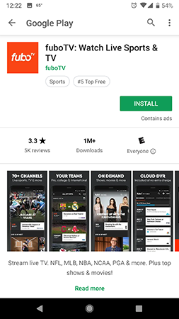 App information screen for FuboTV on Android mobile with INSTALL button highlighted