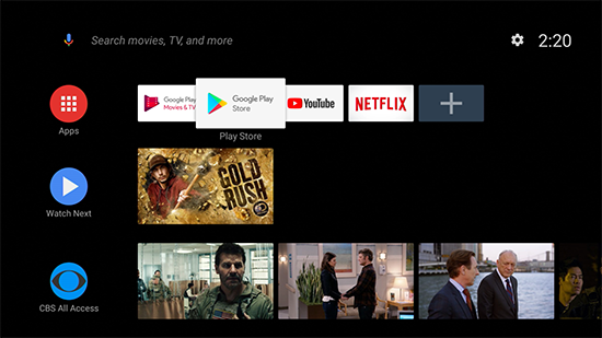 Home screen of an Android TV device with the Google Play Store icon highlighted