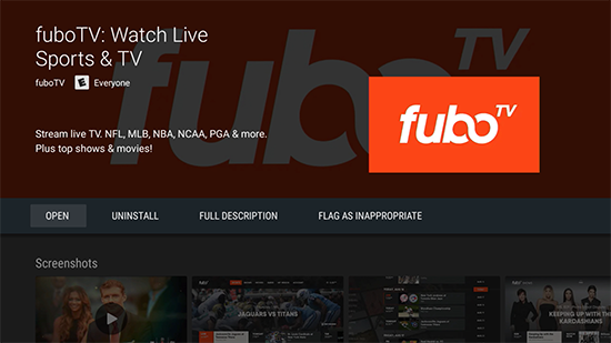 FuboTV app information screen on Android TV with the app installed; the INSTALL button has changed to say OPEN