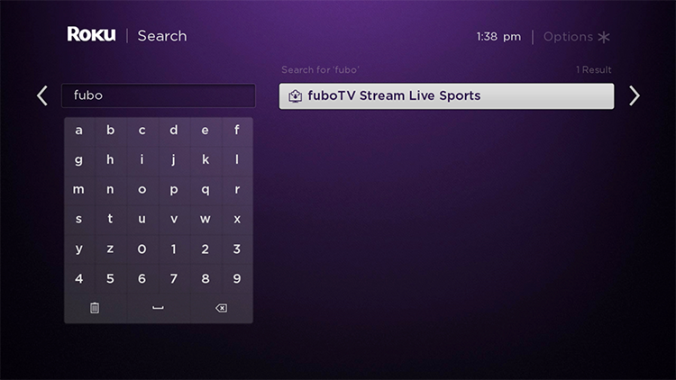 Search screen of a Roku device with on-screen keyboard shown and FUBO typed in