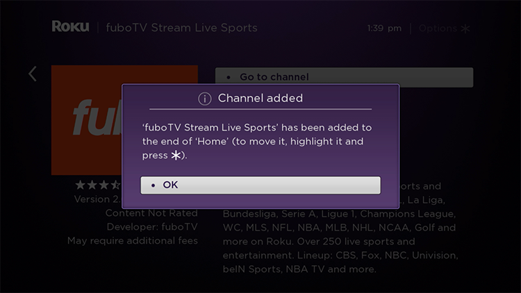 CHANNEL ADDED pop-up on a Roku device notifying that FuboTV has been installed; the OK button is highlighted 