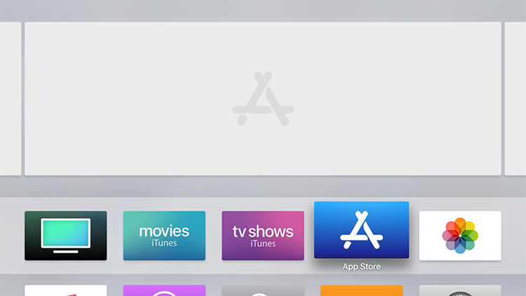Home screen of an Apple TV device with the App Store icon highlighted