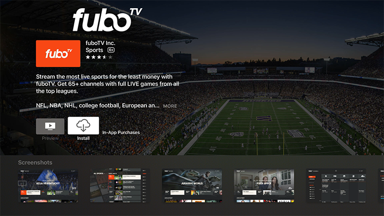 FuboTV app information screen from the Apple TV app store with INSTALL button highlighted