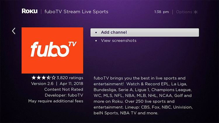 FuboTV app information screen on a Roku device with ADD CHANNEL button highlighted