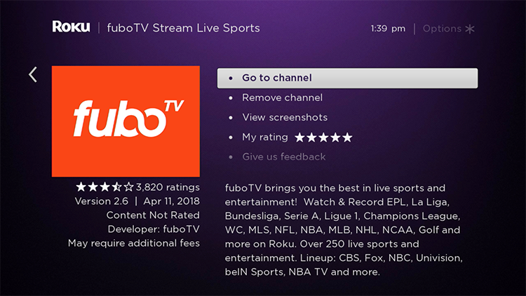 FuboTV app information screen on a Roku device with GO TO CHANNEL highlighted