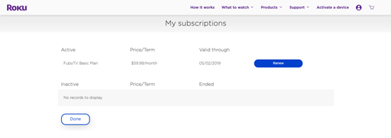 My Subscriptions page at my.roku.com with RENEW button highlighted for a canceled subscription