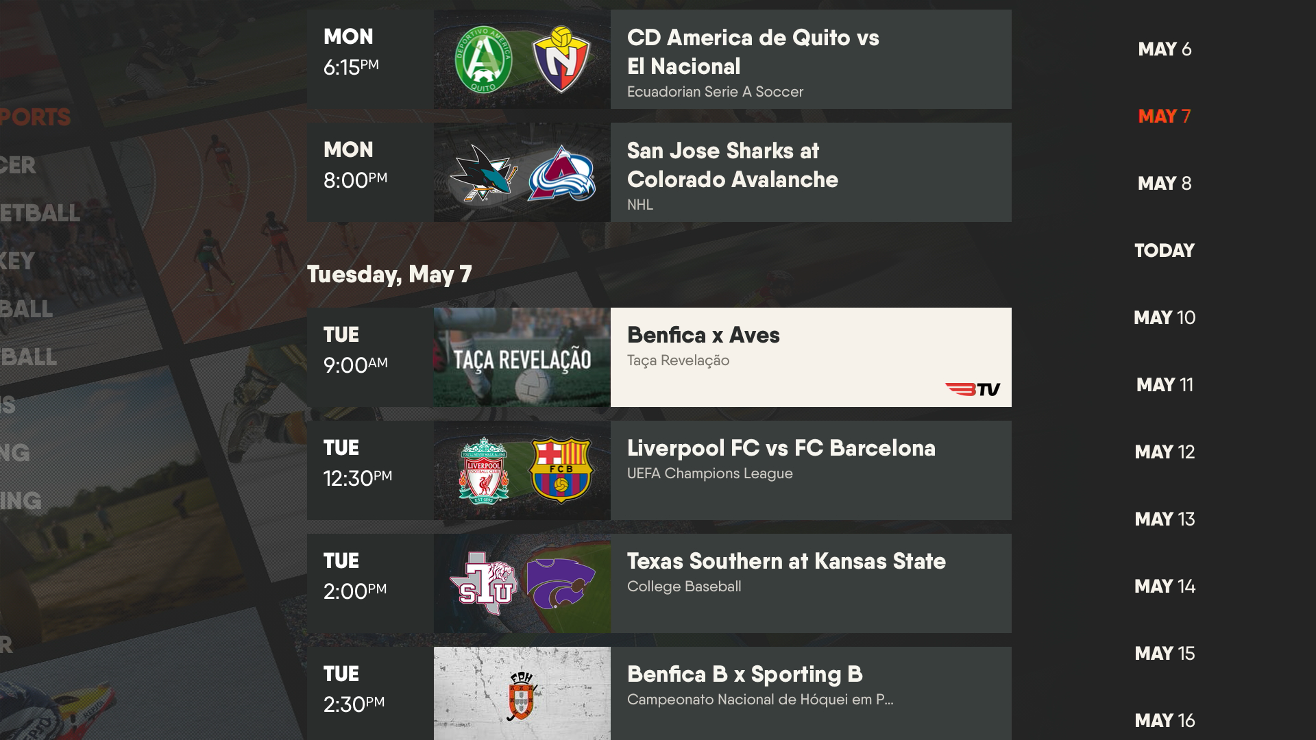 The Sports screen of the FuboTV app on Apple TV with a previously-aired game highlighted