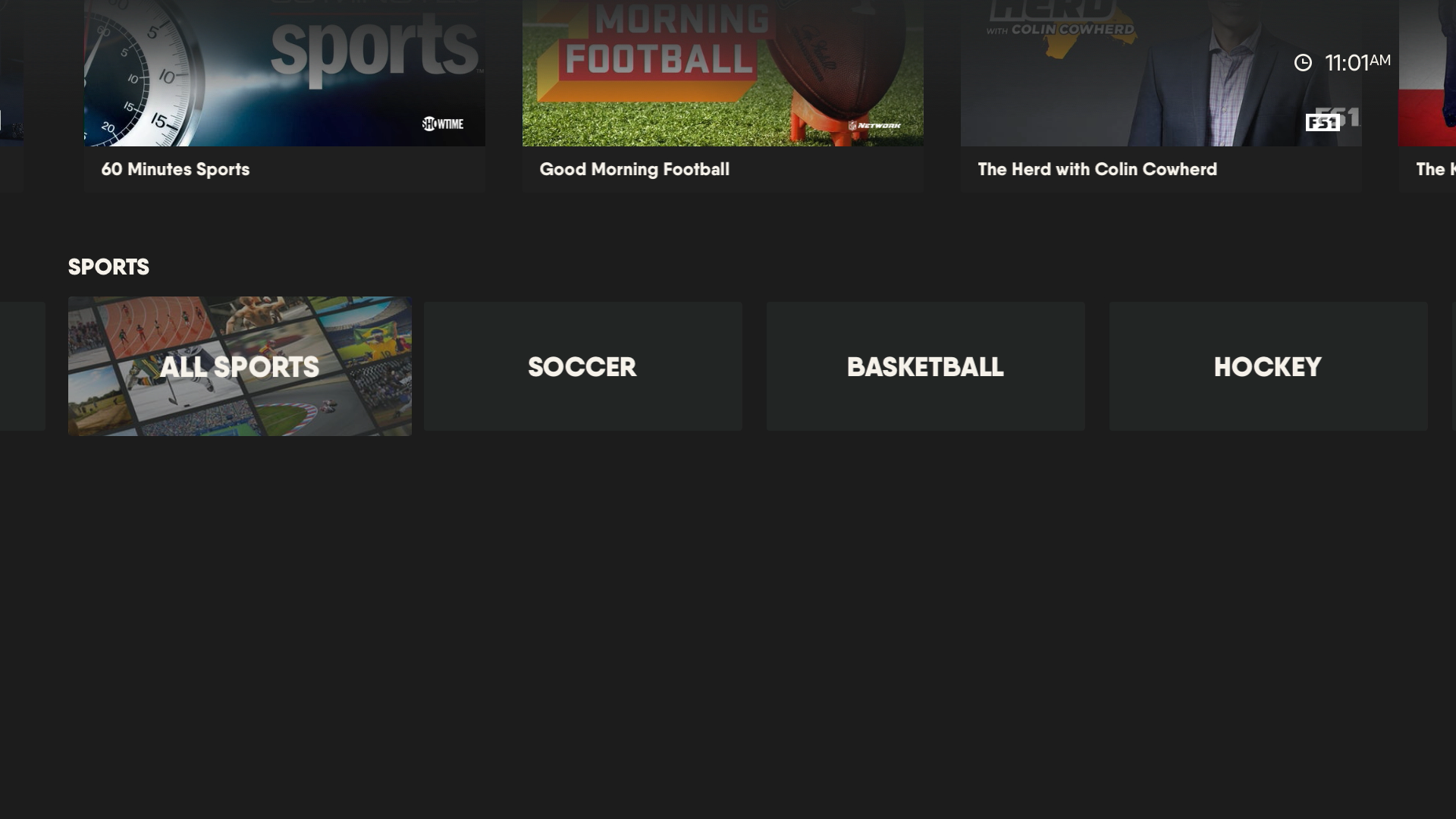 The Sports screen of the FuboTV app on Apple TV with ALL SPORTS highlighted