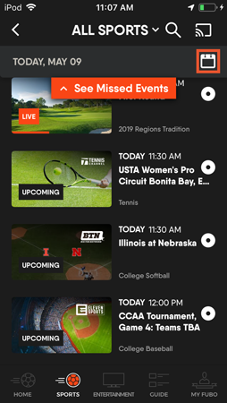 Sports screen of the FuboTV app on iOS with the calendar icon highlighted