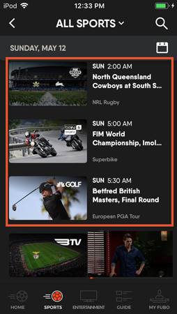 Sports screen of the FuboTV app on iOS with a previously-aired event highlighted