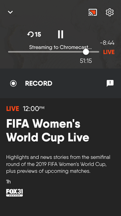 Casted program for the FuboTV app on iOS; casting icon will turn orange, and the app will read 'casting to Chromecast' across the player controls
