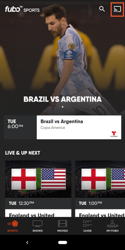 Program information screen for the FuboTV app on Android mobile with the casting icon highlighted; tap the icon to select a casting device