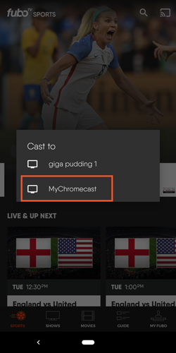 FuboTV app on Android mobile with the casting device select menu highlighted; select the device you wish to cast to