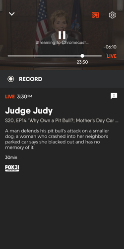 Program information screen for the FuboTV app on Android mobile with the in-progress casting icon highlighted; device is currently casting