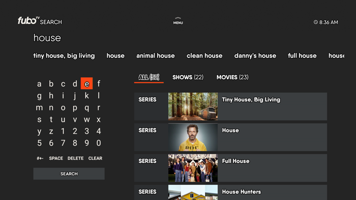 Search screen of the FuboTV app on Android TV with on-screen keyboard