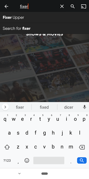 Search screen of the FuboTV app on Android Mobile with on-screen keyboard