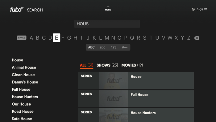Search screen of the FuboTV app on Apple TV with on-screen keyboard