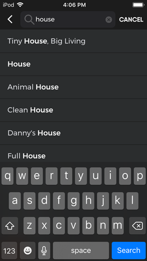 Search screen of the FuboTV app on iOS with on-screen keyboard shown