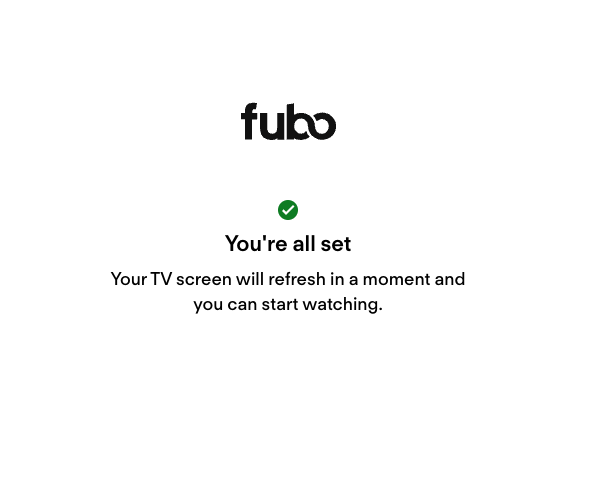 Confirmation screen for signing in with a code at fubo.tv/connect; the device the code was generated on will automatically log in