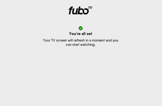 Confirmation screen for signing in with a code at fubo.tv/connect; the device the code was generated on will automatically log in